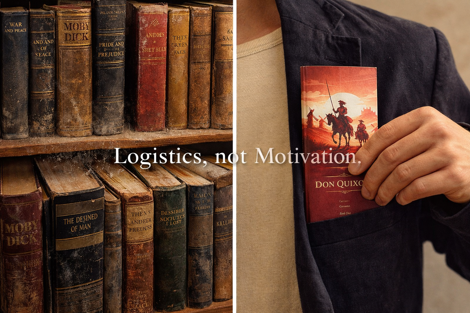 Logistics, not Motivation — old bookshelf vs pocket-sized bunkobon