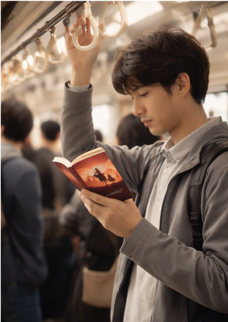 Reading a bunkobon on the train